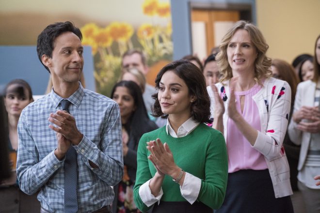POWERLESS -- Pilot -- Pictured: (l-r) Danny Pudi as Teddy, Vanessa Hudgens as Emily, Christina Kirk as Jackie -- (Photo by: Chris Large/NBC)
