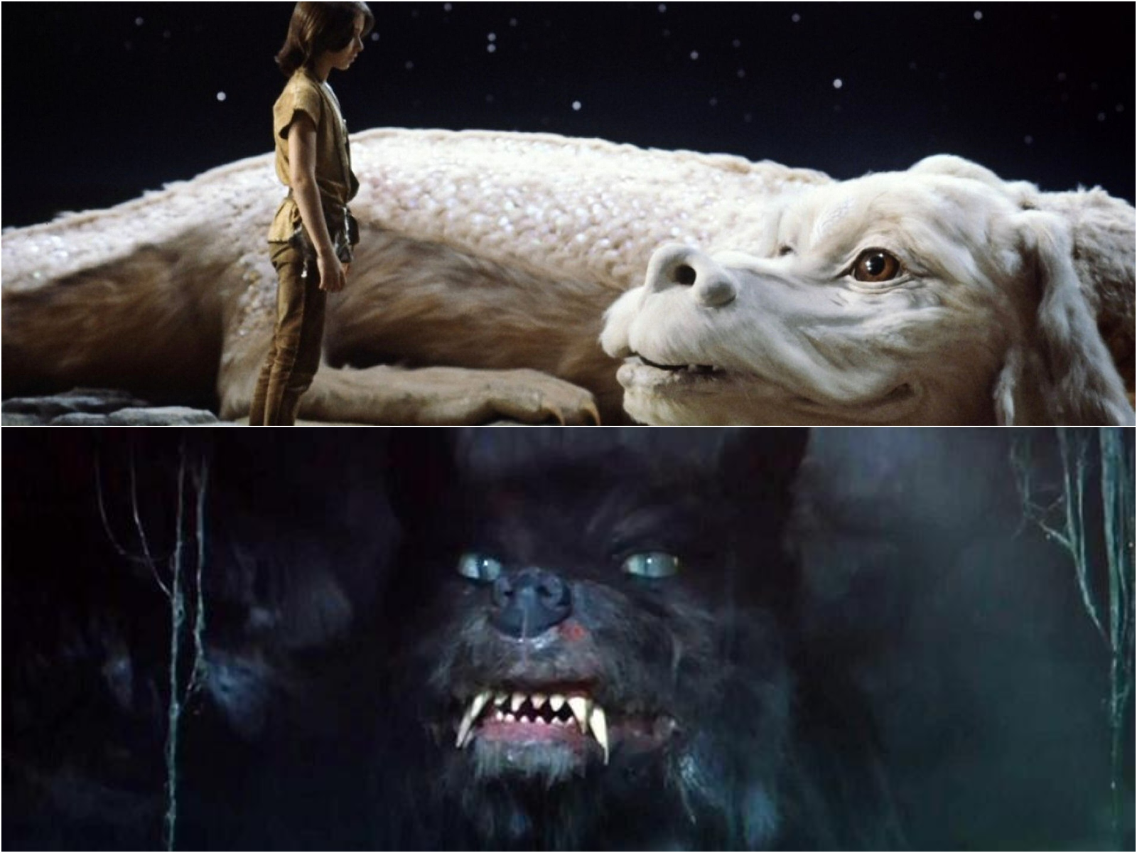 En haut Atreyu (Noah Hathaway) avec Falkor, en bas le très méchant Gork.