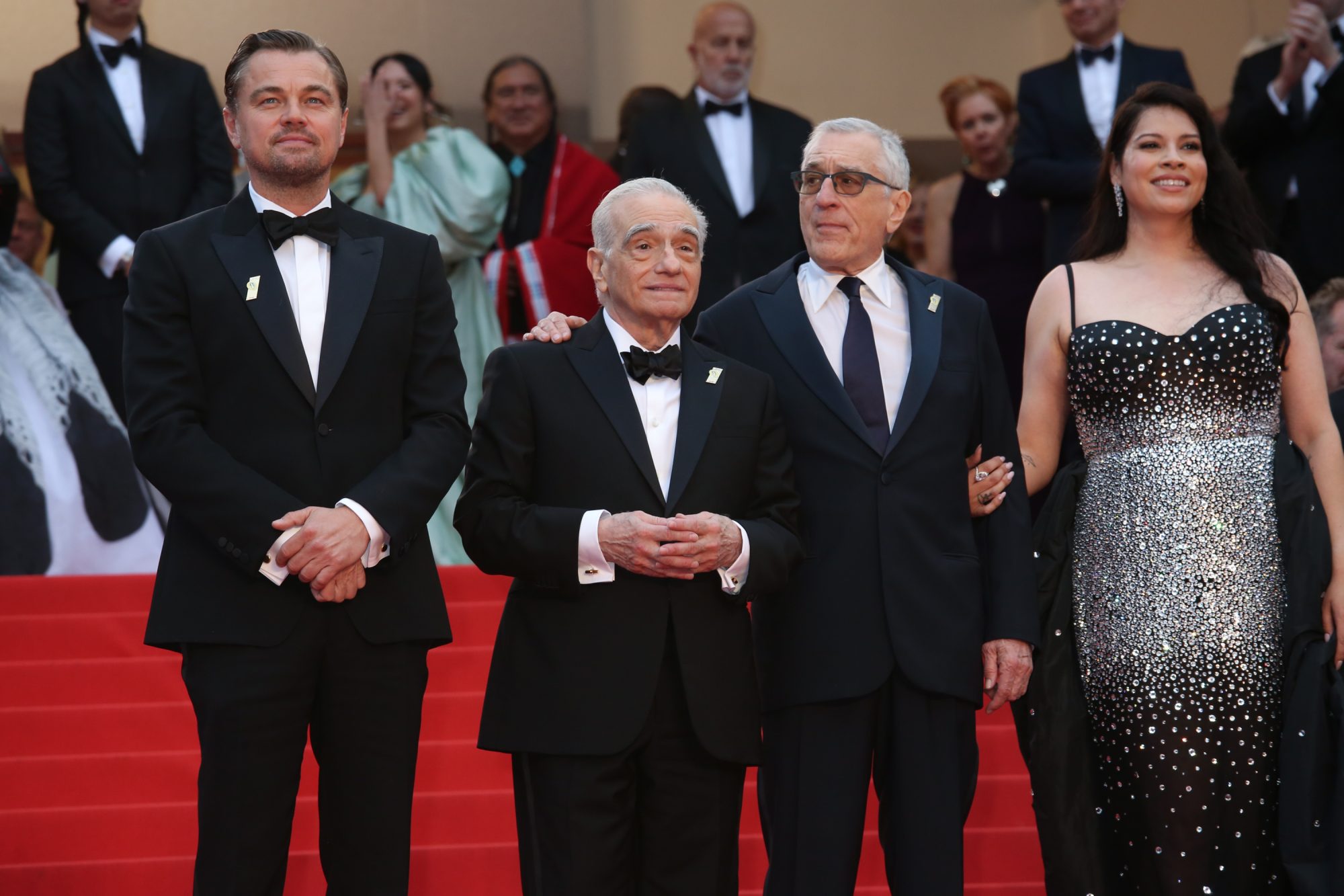 76th Cannes Film Festival. Red carpet of the film "Killers of the flower moon". Leonardo DiCaprio, Martin Scorsese, Robert De Niro and Cara Jade Myers. ©Isabelle Vautier pour CineSerie.